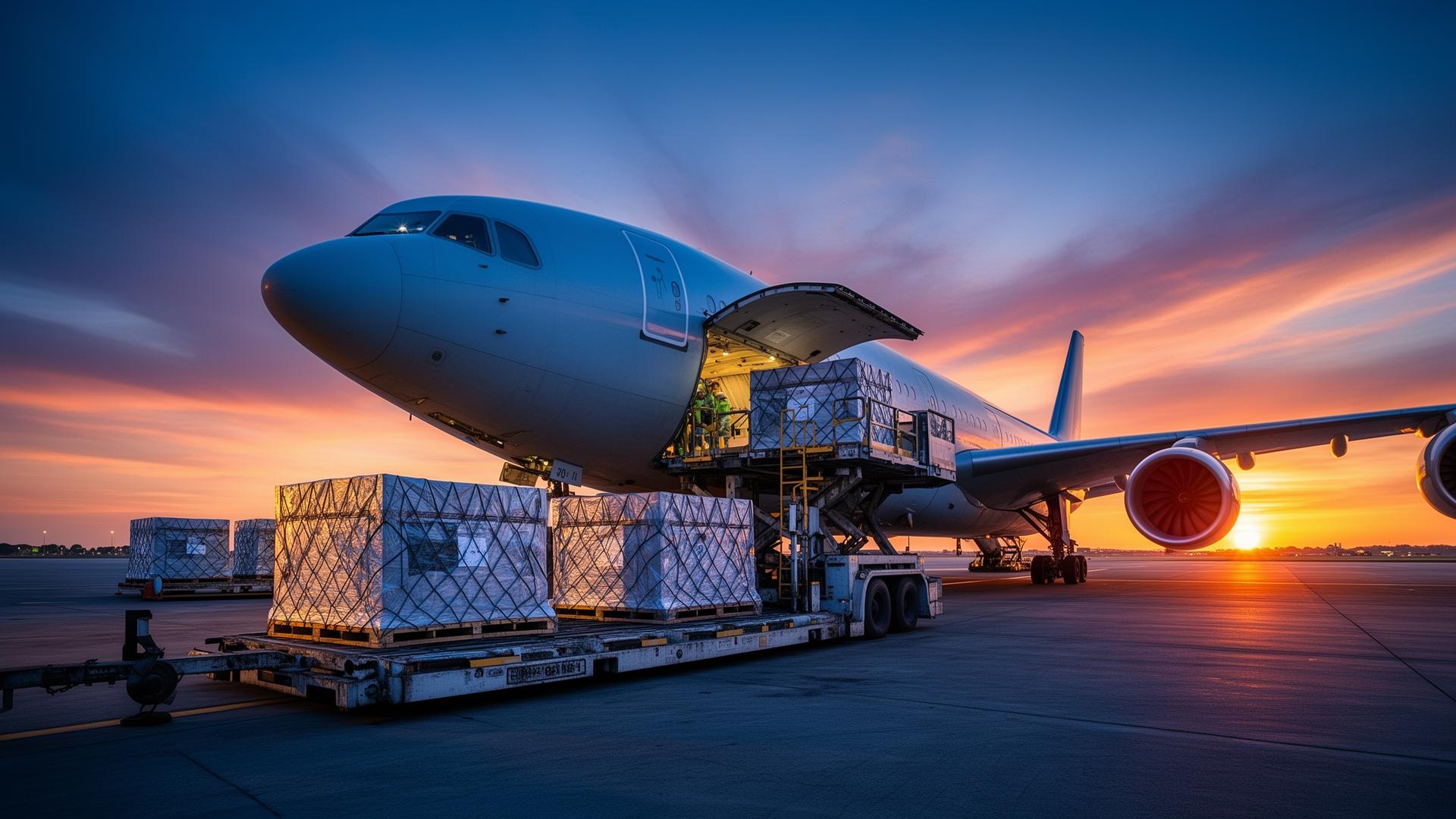 Cargo plane being loaded with freight at sunset